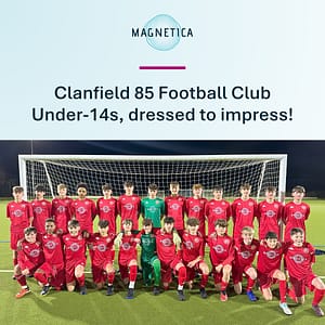 Team photo of Clanfield 85 Football Club Under-14s dressed to impress in their new Magnetica sponsored uniforms.